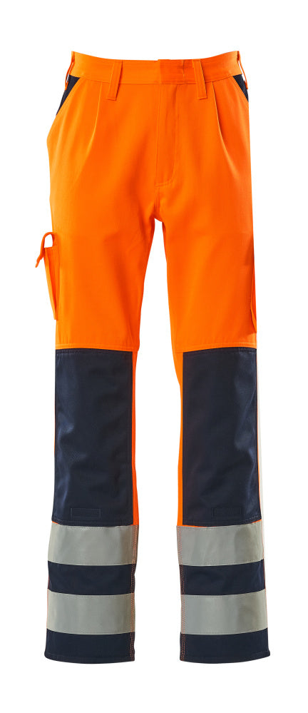 MASCOT® Olinda – Pantalones con bolsillos para rodilleras - naranja de alta vis./azul marino