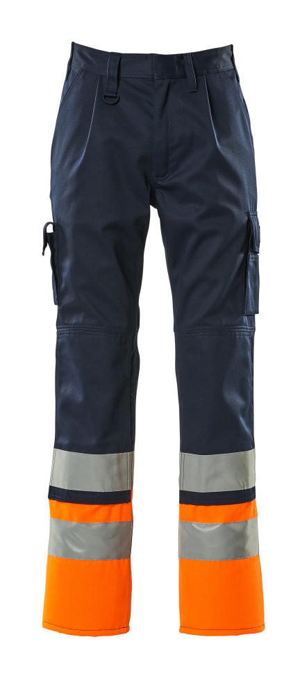 MASCOT® Patos – Pantalones con bolsillos para rodilleras - azul marino/naranja de alta vis.