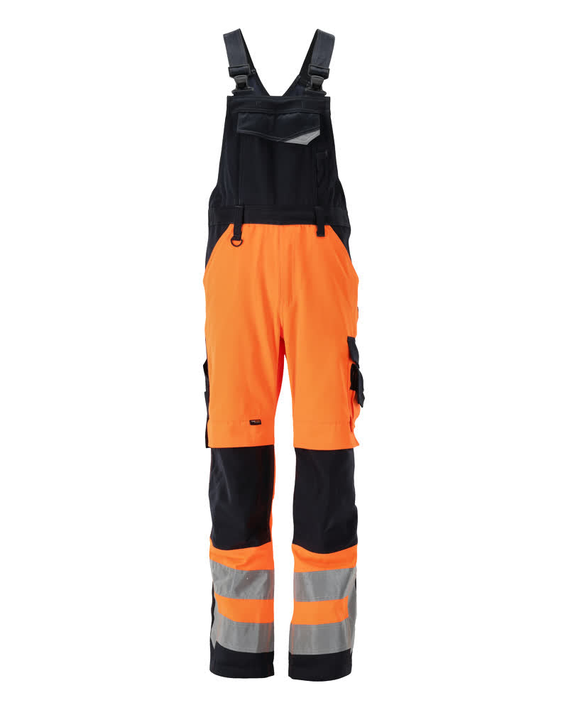 MASCOT® Newcastle – Peto con bolsillos para rodilleras - naranja de alta vis./azul marino oscuro