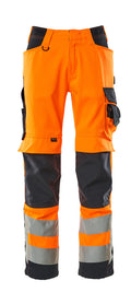 MASCOT® Kendal – Pantalones con bolsillos para rodilleras - naranja de alta vis./azul marino oscuro