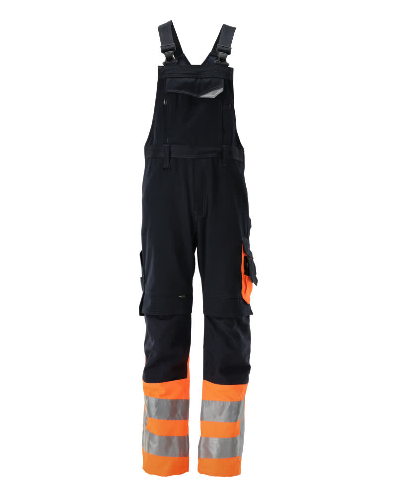 MASCOT® Sunderland – Peto con bolsillos para rodilleras - azul marino oscuro/naranja de alta vis.