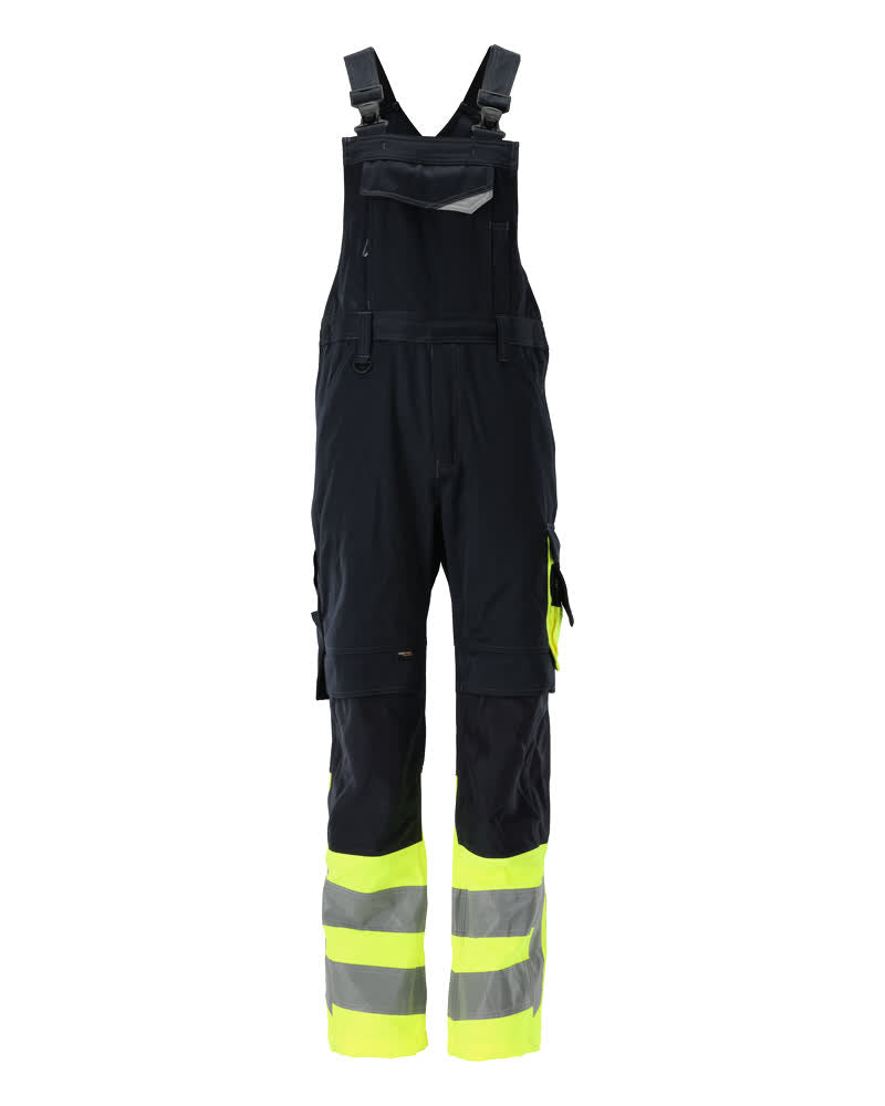 MASCOT® Sunderland – Peto con bolsillos para rodilleras - azul marino oscuro/amarillo de alta vis.
