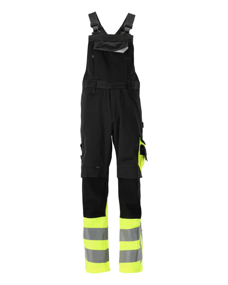 MASCOT® Sunderland – Peto con bolsillos para rodilleras - negro/amarillo de alta vis.