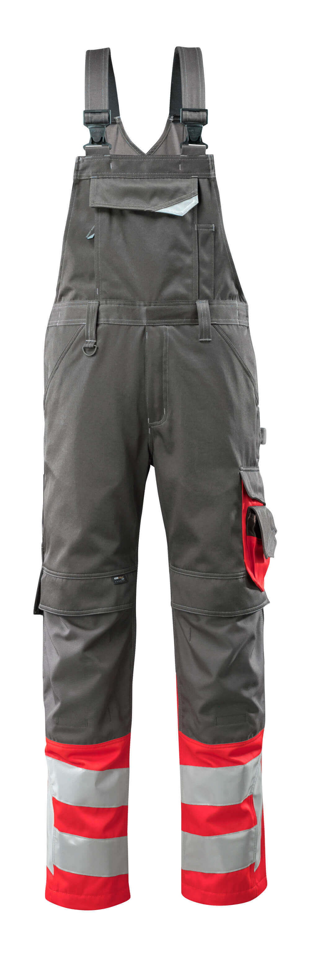 MASCOT® Sunderland – Peto con bolsillos para rodilleras - antracita oscuro/rojo de alta vis.