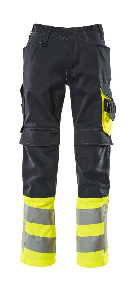 MASCOT® Leeds – Pantalones con bolsillos para rodilleras - azul marino oscuro/amarillo de alta vis.