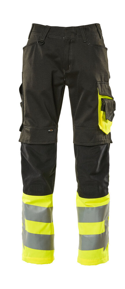 MASCOT® Leeds – Pantalones con bolsillos para rodilleras - negro/amarillo de alta vis.