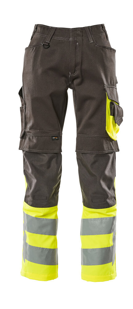 MASCOT® Leeds – Pantalones con bolsillos para rodilleras - antracita oscuro/amarillo de alta vis.