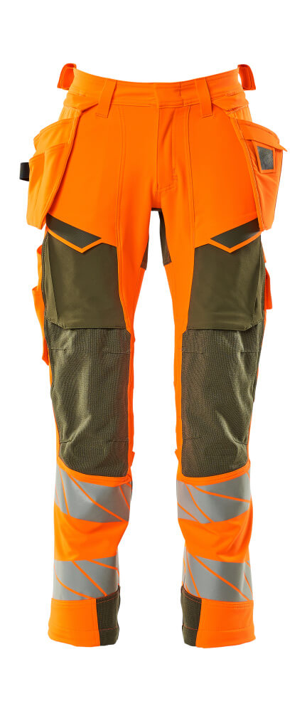 MASCOT® ACCELERATE SAFE 19031-711 – Pantalones con bolsillos colgantes - naranja de alta vis./verde musgo