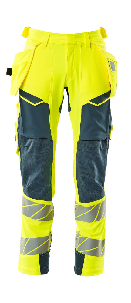 MASCOT® ACCELERATE SAFE 19031-711 – Pantalones con bolsillos colgantes - amarillo de alta vis./petróleo oscuro