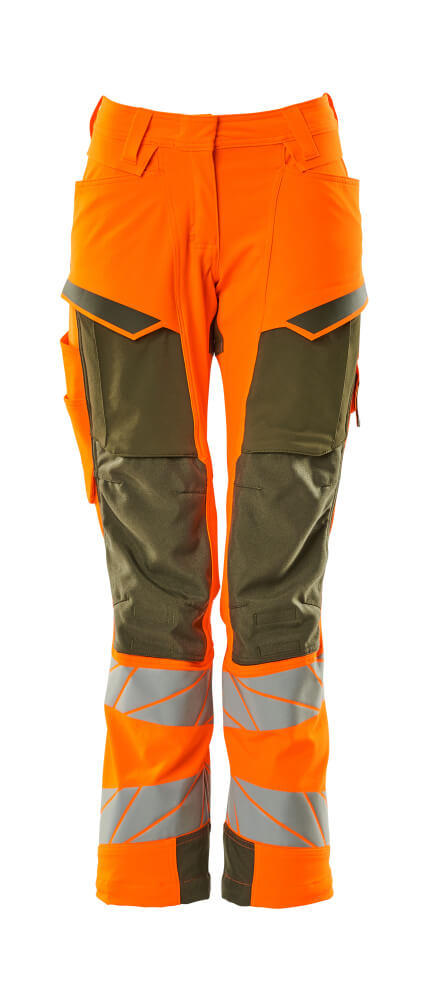 MASCOT® ACCELERATE SAFE 19078-511 – Pantalones con bolsillos para rodilleras - naranja de alta vis./verde musgo