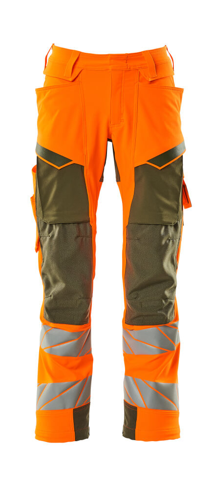 MASCOT® ACCELERATE SAFE 19079-511 – Pantalones con bolsillos para rodilleras - naranja de alta vis./verde musgo