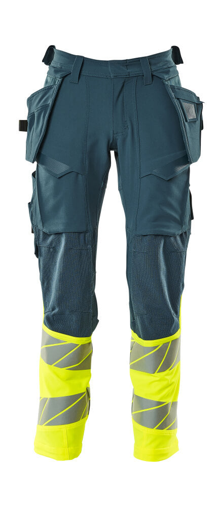 MASCOT® ACCELERATE SAFE 19131-711 – Pantalones con bolsillos colgantes - petróleo oscuro/amarillo de alta vis.