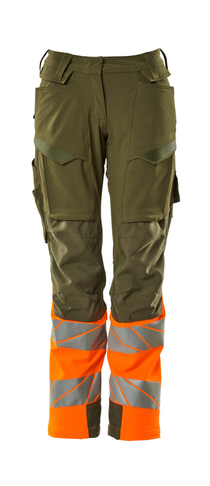 MASCOT® ACCELERATE SAFE 19178-511 – Pantalones con bolsillos para rodilleras - verde musgo/naranja de alta vis.