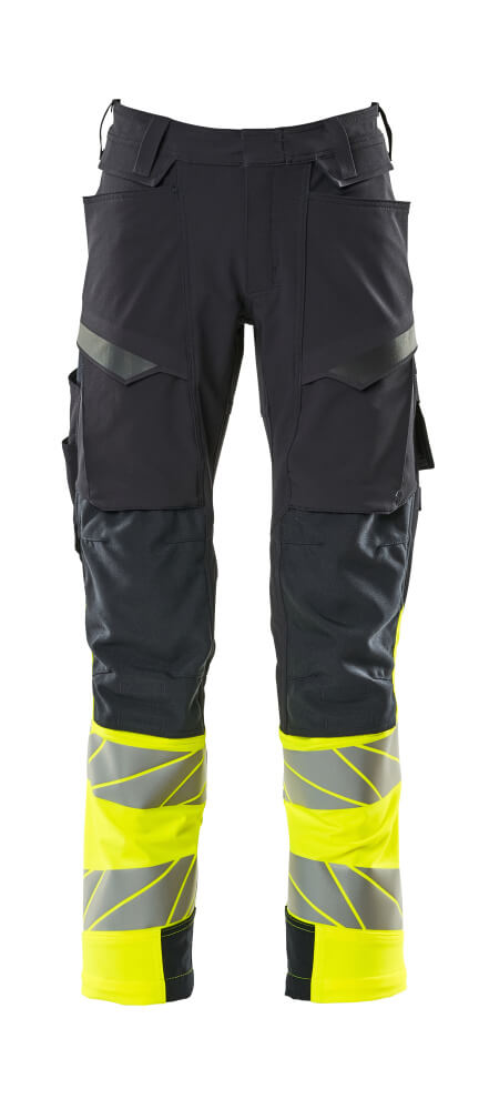 MASCOT® ACCELERATE SAFE 19179-511 – Pantalones con bolsillos para rodilleras - azul marino oscuro/amarillo de alta vis.