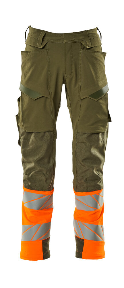 MASCOT® ACCELERATE SAFE 19179-511 – Pantalones con bolsillos para rodilleras - verde musgo/naranja de alta vis.