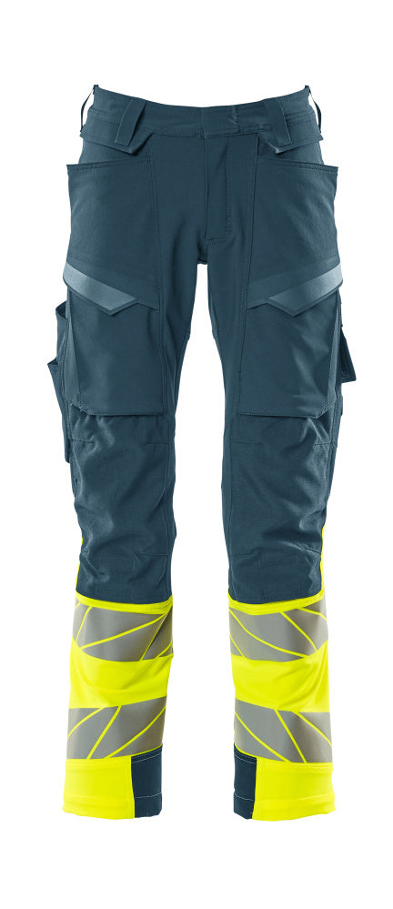 MASCOT® ACCELERATE SAFE 19179-511 – Pantalones con bolsillos para rodilleras - petróleo oscuro/amarillo de alta vis.