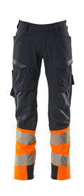 MASCOT® ACCELERATE SAFE 19379-510 – Pantalones con bolsillos de muslo - azul marino oscuro/naranja de alta vis.