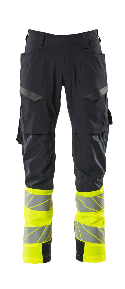MASCOT® ACCELERATE SAFE 19379-510 – Pantalones con bolsillos de muslo - azul marino oscuro/amarillo de alta vis.