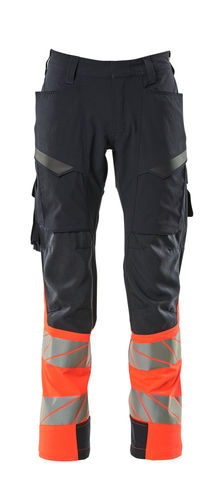 MASCOT® ACCELERATE SAFE 19379-510 – Pantalones con bolsillos de muslo - azul marino oscuro/rojo de alta vis.