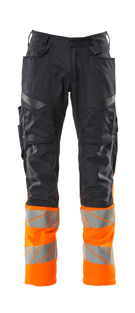 MASCOT® ACCELERATE SAFE 19679-236 – Pantalones con bolsillos para rodilleras - azul marino oscuro/naranja de alta vis.