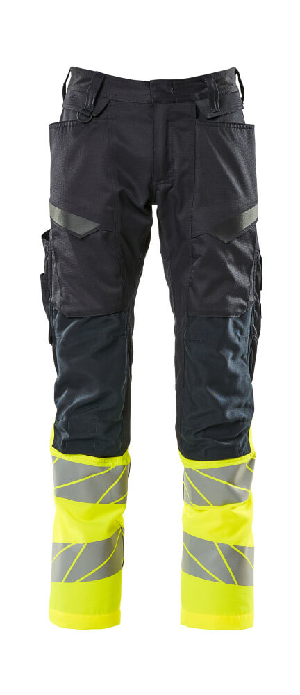 MASCOT® ACCELERATE SAFE 19679-236 – Pantalones con bolsillos para rodilleras - azul marino oscuro/amarillo de alta vis.