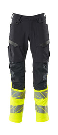 MASCOT® ACCELERATE SAFE 19879-711 – Pantalones con bolsillos para rodilleras - azul marino oscuro/amarillo de alta vis.